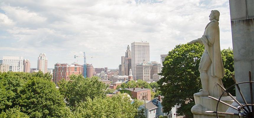 Providence skyline from Prospect Hill and the Roger Williams statue.